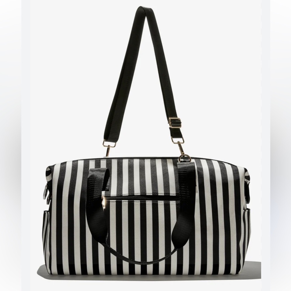 A + O X FABFITFUN Alice + Olivia Black and White Striped Travel Bag